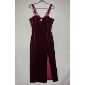 VINTAGE 4-U Dress Womens Medium Burgundy Velvet Strappy Bow Slit Evening‎ 90s